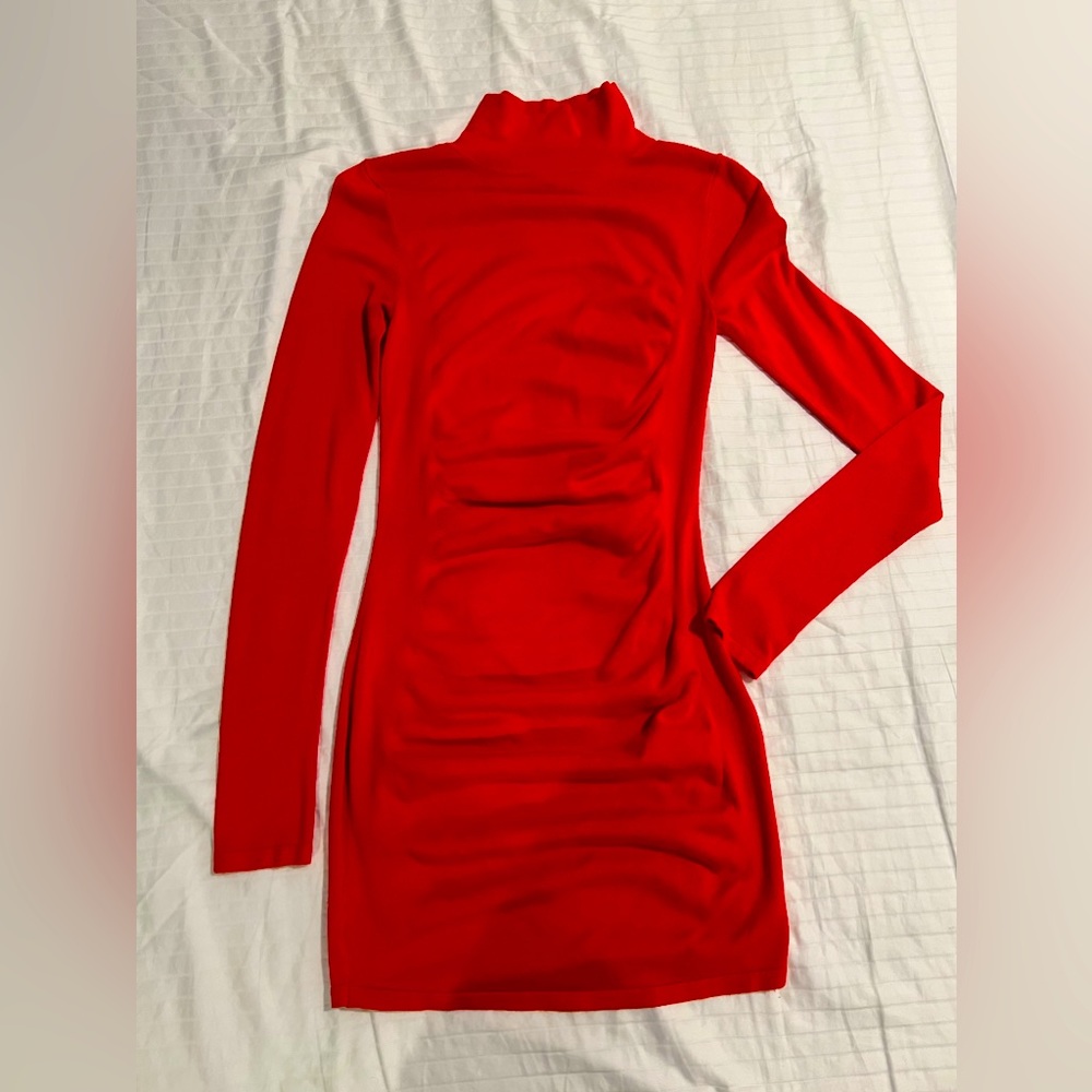 EXPRESS Red Ruched long sleeve body hugging dress- XS
